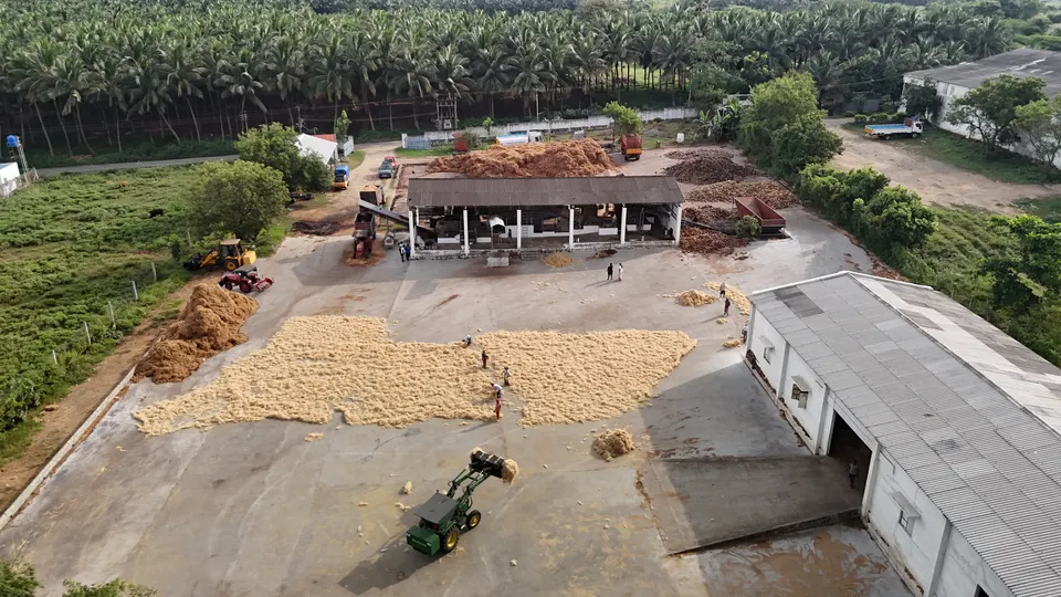 Aerial view of the Fibro Coir drying yard in Pollachi